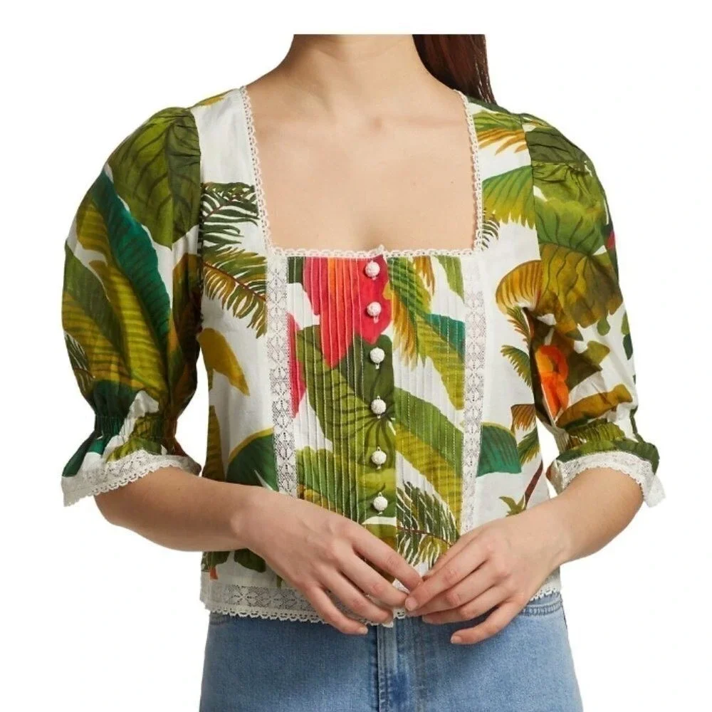 Farm Rio Green White Lace Trim Puff Sleeve Square Neck Button Front Top NWT M